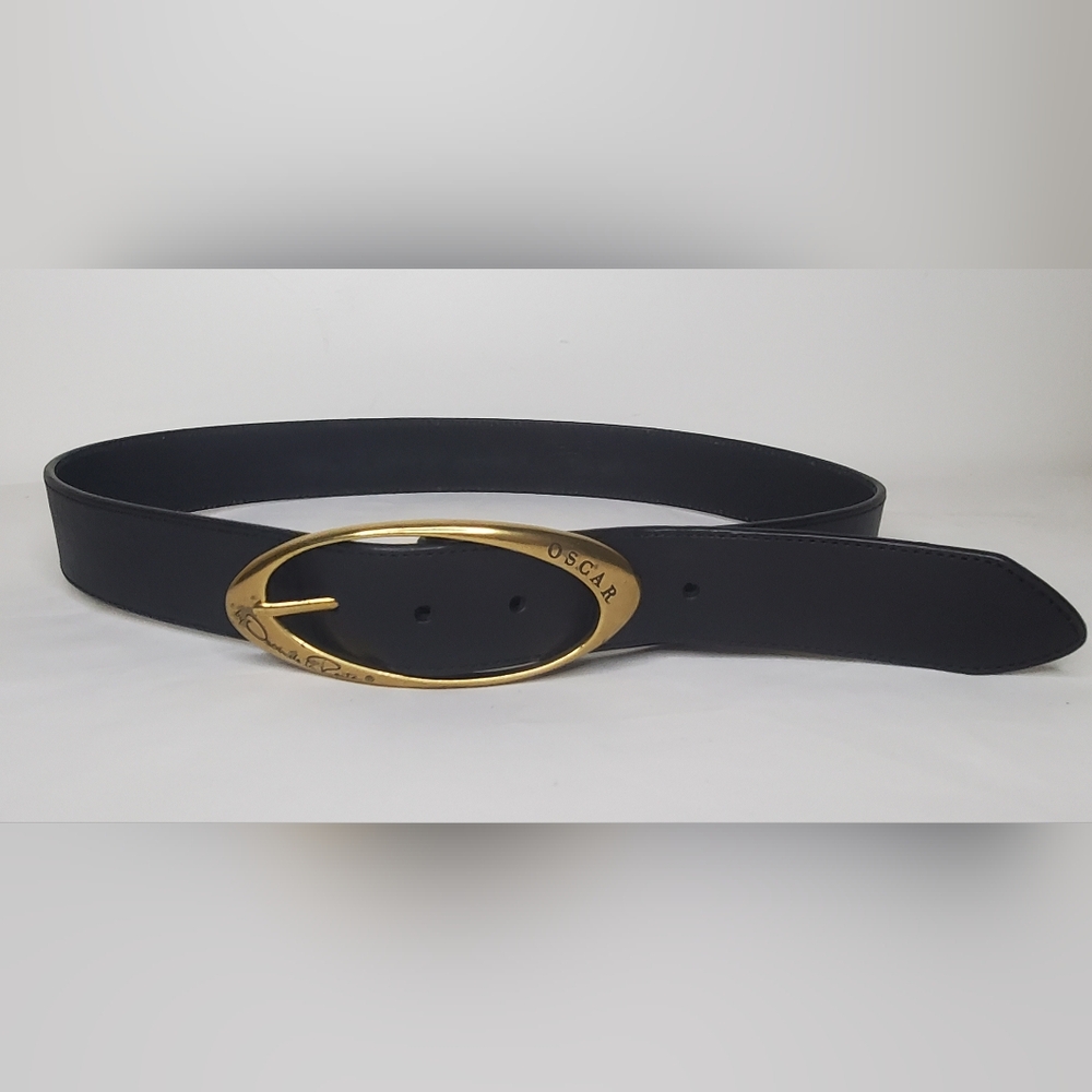 Oscar De La Renta 38"x 1 1/2" inch Black Leather Belt with Gold Brass Buckle